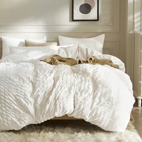 Image of JELLYMONI White Duvet Cover Full Size, 3pcs Washed Microfiber Bedding Set, Soft Breathable Seersucker Duvet Cover Set with Zipper Closure and Corner Ties for All Seasons
