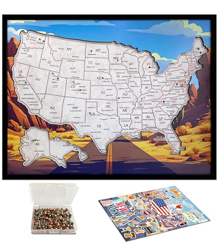 flinelife Mappa di viaggio USA in sughero con le principali città, di grandi dimensioni, 40,6 x 30,5 cm, mappa degli Stati Uniti, regalo perfetto per coppie e famiglie