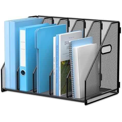 MINDEPOT Desk File Organizer Metal Desk Magazine Folder Holder with 5 Vertical Compartments Rack File Organizer for Office, Home, School, Black Cover