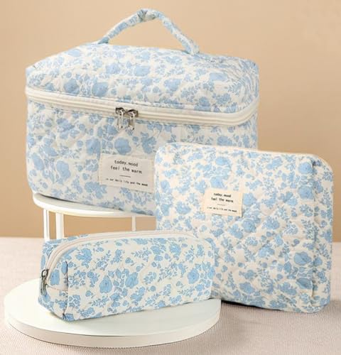 3Pcs Cotton Quilted Makeup Bag Set, Cute Floral Makeup Bags, Large Travel Coquette Make up Bag Cosmetic Bag Toiletry Organizer Bag for Women Girls (A)4