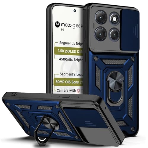 Image of AESTMO Tough Armor Motorola Moto G86 Power 5G Bumper Back Case Cover | Ring Holder & Sliding Camera Shield Cover | 360 Degree Protection Back Case Cover for Motorola Moto G86 Power 5G (Blue)