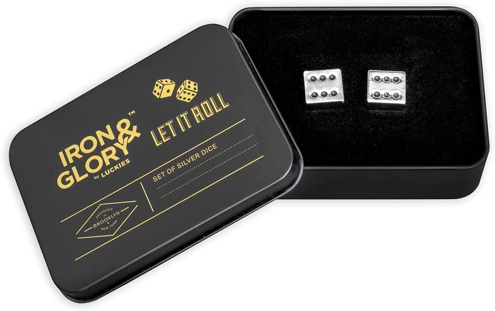 Iron And Glory Metal Dice Set - Gold Plated 6 Sided Game Dice with Black Numbers - Gift Dice with Aluminum Case