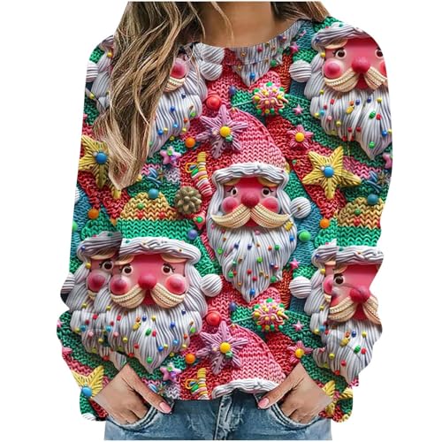 Womens 3D Christmas Graphic Sweatshirts Trendy Crewneck Long Sleeve Pullover Casual Aesthetic Funny Xmas Holiday Tops