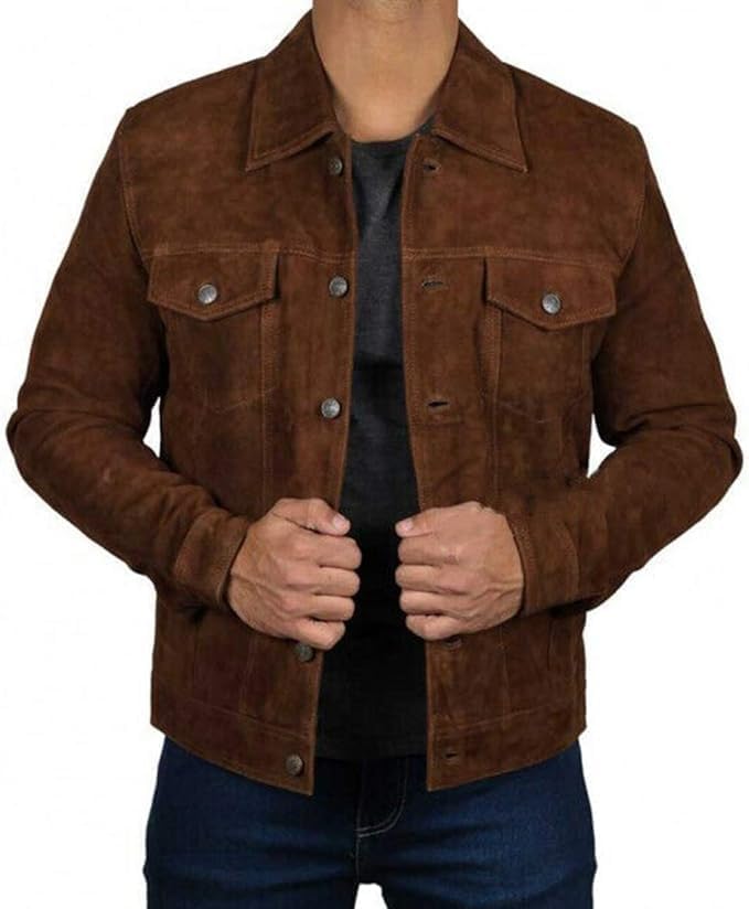 SpazeUp Men's Suede Leather Jacket - Western Style Cowboy Trucker Leather Jackets for Adult Outerwear