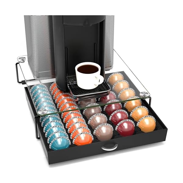 DecoBrothers Crystal Tempered Glass Vertuo Pod Holder Drawer, 30 Large or 60 Small Nespresso Capsule Organizer, Black