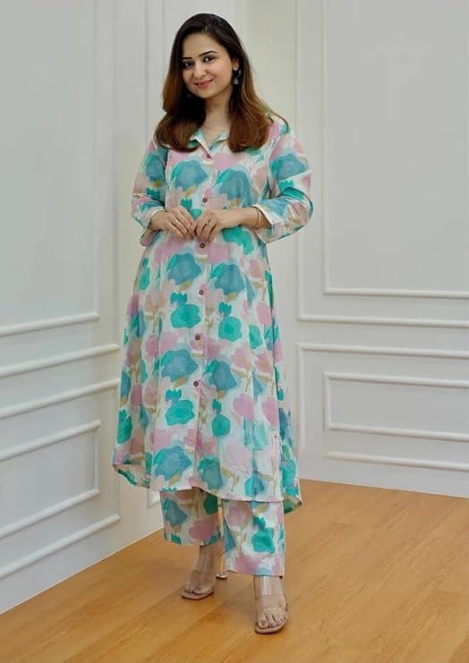 Image of GRECIILOOKS Kurta Sets women stylish | Kurta's Set | Woman Ethnic Co-Ord Set | Women's Straight Printed Kurta with Pant | Festive Indian Traditional Outfit Dress for Functions & Puja | 3 /4 Half Sleeve