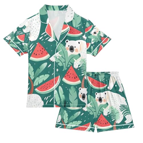 senya Polar Bear Eat Watermelon Satin Summer Pajama Sets Silk Short Sleeve Button Down Sleepwear