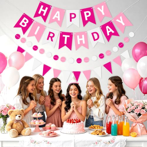 Image of Pink White Happy Birthday Banner Hanging Sign Circle Dot Triangle Bunting