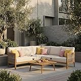 Merax 4 Piece Rattan Sofa Paito Conversation Set, All-Weather Acacia Wood V-Shaped Sectional Sofa with Coushions, 1 Coffee Table for Porch, Lawn, Backyard, Balcony, Teak