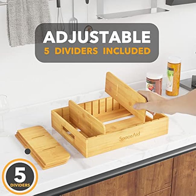 SpaceAid Natural Bamboo Lid Organizer with 5 Adjustable Dividers