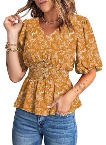 Dokotoo Womens Floral Print Ruffle Half Sleeve Blouses V Neck Decorative Buttons Elastic Waist Casual Summer Tops
