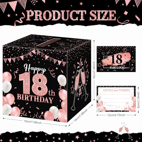 Image of Funrous 18th Birthday Party Message Card Box Cheers to 18 Years Black Rose Gold Advice and Wishes Greeting Card Box for Girls Women Birthday Decorations Party Supplies Anniversary Tables Sign Decor