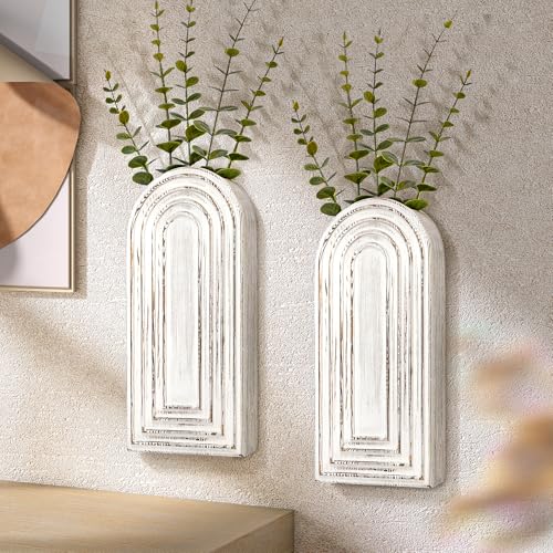 EOSAHR Pine Wood Wall Vases Set of 2 &ndash; Farmhouse Wall Decor for Living Room, Bedroom & Office &ndash; Hanging Planters for Indoor Plants & Artificial Flowers, Best Boho Chic Decor Accent (Whitewash)