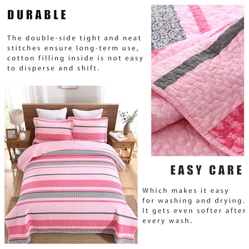 Image of Homzard Quilts Queen Size, Cotton Comforter Set, Hot Pink Grey Queen Bed Set, Lightweight Striped Bedding, Farmhouse Bedspread All Season 3 Pieces