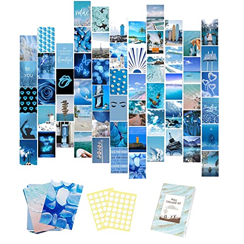 60 piezas de imágenes estéticas collage azul, kit de impresión de collage para pared, cuadro...