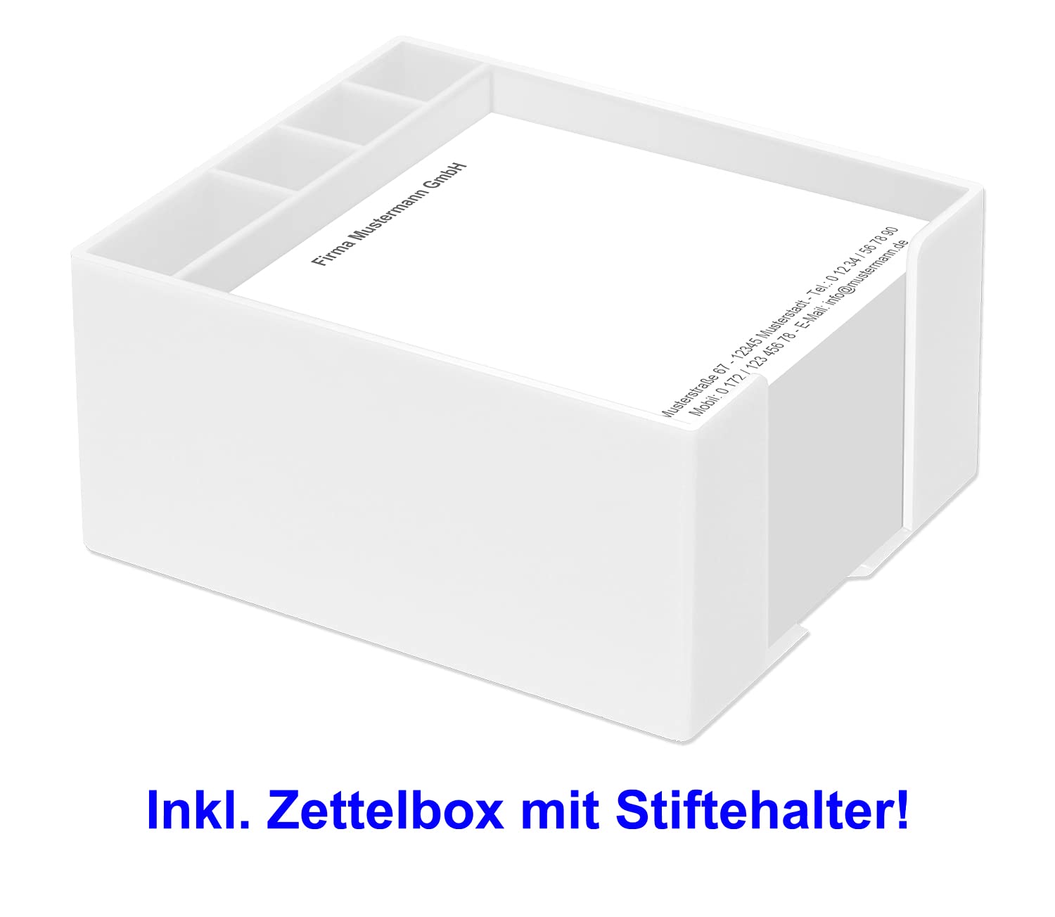 500 Notizzettel personalisiert in praktischer Zettelbox mit Stiftehalter 10 x 10 cm (weiß)