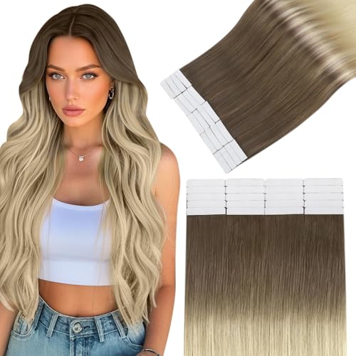 Easyouth Tape in Human Hair Extensions Ombre Hair Extensions Tape in Balayage Ash Brown Fading to Platinum Blonde Ultra-Thin Tapes in Hair Extension Human Hair 14 Inch 40G 20Pcs