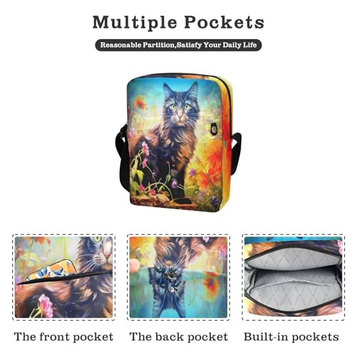 messenger bag for women Shoulder Bag For Woman Cross Over Purse Adjustable Strap for business business- Cat Watercolor Style Colorful Black Cottage2