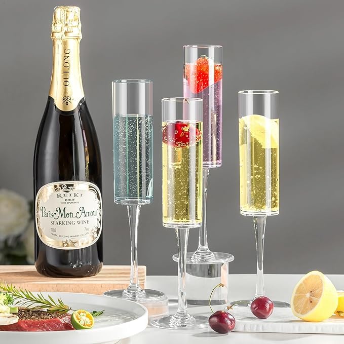 Mivana Champagne Flutes Glasses 200ml, Set of 4 Long Wine, Burgundy Clear Glasses with Stem for Wedding Anniversary, Birthday, Gift (RKT-03, Set of 4) 1
