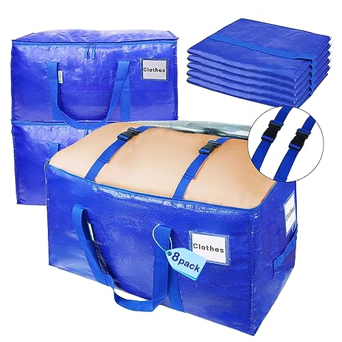 CHOICENOW Extra Large Moving Bags for Clothes,Heavy-Duty Storage Tote with Zippers and Handles(24Gallon),for College Dorms and Space Saving Moving Storage (Blue, 8 Pack)