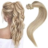Easyouth Blonde Ponytail Extension, Human Hair Wrap Around Ponytail Human Hair Blonde Highlighted Light Blonde Pony Tails Hair Extensions Human Hair Ponytail Extension 14Inch 70g