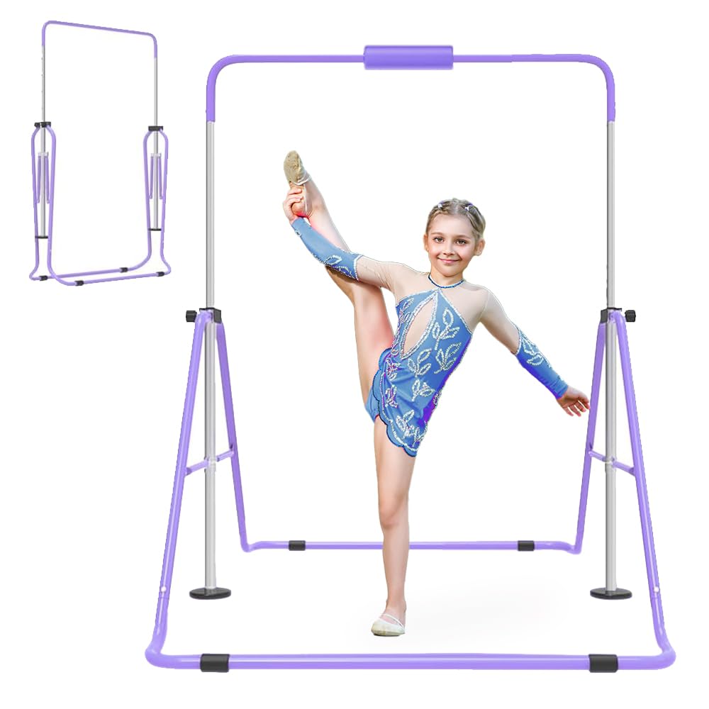 Jivifao Gymnastics Bar for Kids, Adjustable Height Gymnastic Horizontal Bars with Mat, Folding Gymnastic Training Monkey Bars, Junior Expandable