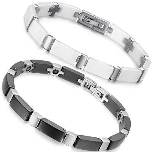 Flongo 2pcs Bracelet Acier Inoxydable Céramique Lien Poignet Croix Poli Fantaisie Bijoux Cadeau Couleur Noir Blanc pour Femme Homme