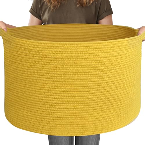 Image of MEGASKET Extra Large 115L Yellow Basket, 23.6 inch x15.7 Cotton Rope Yellow Decor for Living Room Bedroom, Woven Basket for Blanket, Laundry, Towel, Shoe, Kids Toy Box Organizer, Room Decor Storage Bin