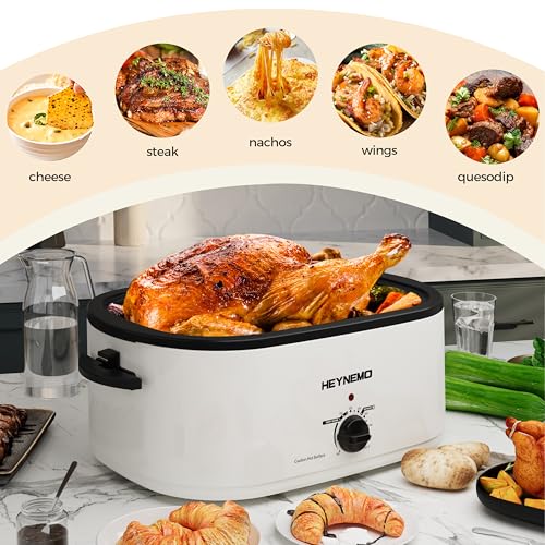 Image of 26 Quart Electric Roaster Oven with Visible & Self-Basting Lid, Large Turkey Roaster with Defrost Warm Function, Adjustable Temperature, Removable Pan Rack, Stainless Steel, White