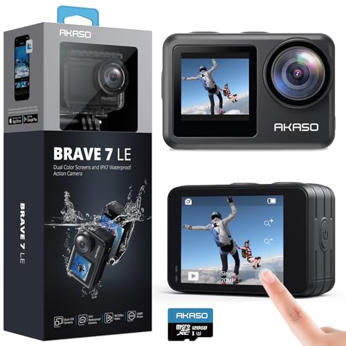 AKASO Brave 7 LE - Cámara de acción 4K30fps con tarjeta de memoria MicroSDXC U3 de 128 GB, kit de accesorios Ultra HD de 131 pies, cámara impermeable EIS 2.0 con control remoto WiFi, cámara