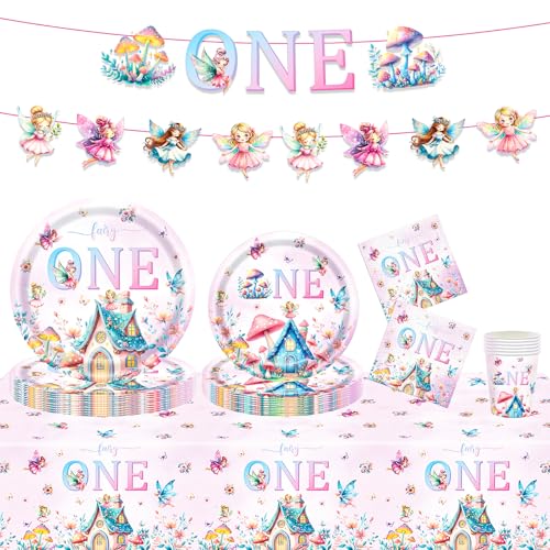 MORAINJAY 82Pcs Mushroom Fairy Decorations,Elf Fairy Birthday Party Tableware Set,Paper Plates,Paper Cups,Banner,Napkins,Kids Birthday Fairy Mushroom Birthday Party Tableware Decorations(20 Guests)