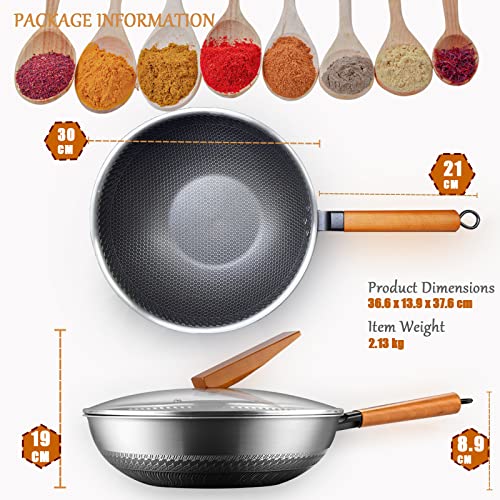 Jempsey Stainless Steel Wok Pan With Lid - Nonstick Cooking Frying Pan, 12.5" Stir Fry Wok With Detachable Wooden Handle For Electric, Induction, Ceramic & Gas Stoves #TOP2