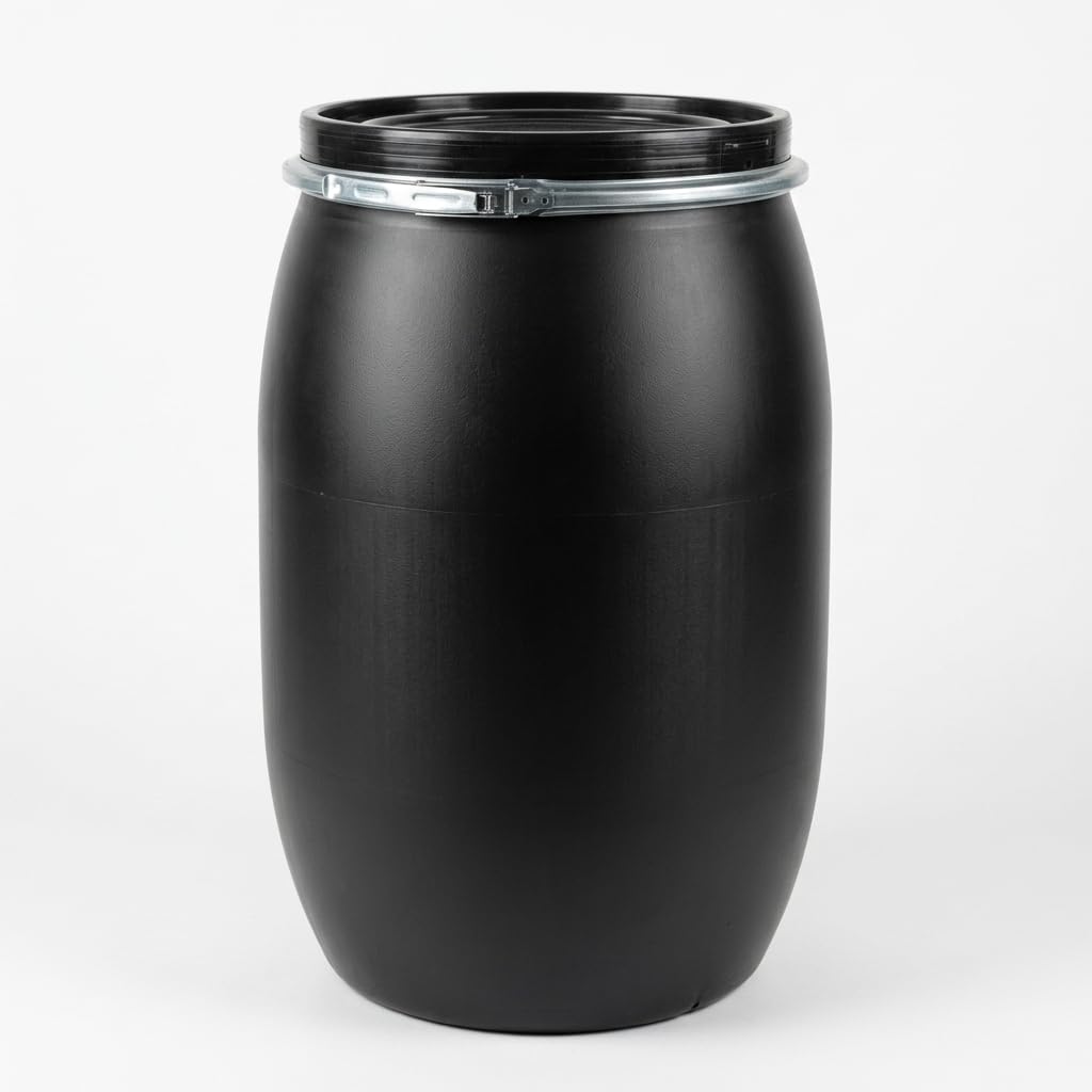 2X 120 Liter Weithalsfass Schwarz mit Deckel, Spannring und Dichtung, UN-Zulassung, HDPE Kunststofffass, Deckelfass, Lagerfass, Regentonne, Universalfass für Garten, Garage und Lager