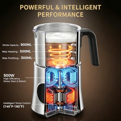 Image of Milk Frother and Steamer, Electric Frother 900ML | All-in-1 Automatic Hot and Cold Foam Maker , Detachable Stainless Steel Jug for Latte, Cappuccino, Macchiato, Hot Chocolate