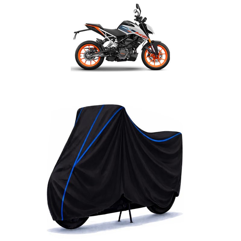 Image of KTM 125 Duke Standard Bike Cover Water Resistant Universal Motorcycle Rain | Heavy Duty UV Protection, Dust, Scratch Indoor Outdoor All Weather with Black Blue Piping Elastic