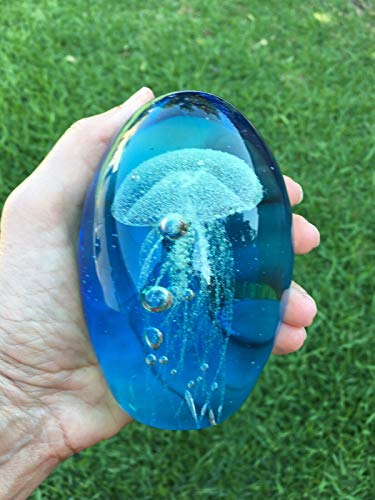 G.i.i Glass Jellyfish Paperweight, White, Glow In The Dark, With Blue Background, 4.5" H. #TOP1