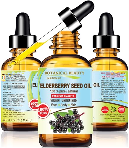 Botanical Beauty Belgian Elderberry Seed Oil Sambucus Nigra 100% Pure Natural Virgin Unrefined Cold Pressed Carrier Oil 0.5 Fl. Oz.- 15 ml for FACE Skin Hair Nails Anti-Aging. Rich in Vitamin E