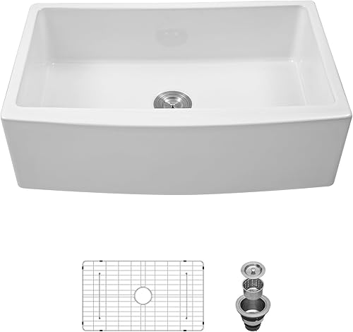 Miniatura 1 de Fregadero de cocina blanco de 33 pulgadas, delantal curvado frontal de arcilla refractaria de cerámica, porcelana, cuenco individual de cocina de