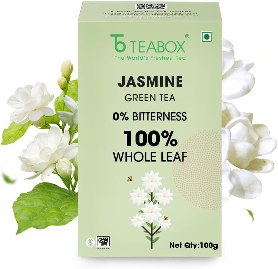 Teabox Jasmine Green Tea 100g | Sourced From Madurai | Made with 100% Whole Leaf, Natural Jasmine Flowers & Natural Flavors