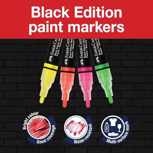 Image of Faber-Castell 285505 Acrylic Marker Shake&Paint Black Edition, 4 Acrylic Pens, Marker with 2 Round Tips (3 mm and 1 mm) | Acrylic pens with double tip (1 mm and 3 mm) for paper, wood, glass, stone and more