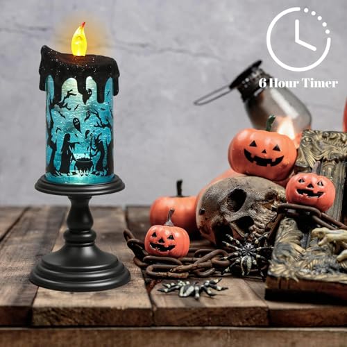 Image of Halloween Flameless Candle Battery Operated with 6 Hour Timer, Blue Lights Witch Decals Tornado Lamp LED Candle Halloween Indoor Decor 4 x 10 Inches