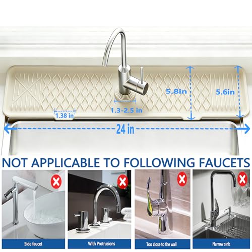 Image of EBIGIC 24 Inch Silicone Faucet Mat for Kitchen Sink, 7 Slope Fast Self-Draining Sink Splash Guard, Kitchen Sink Water Catcher Organizer, Kitchen Sink Accessories (off-white, 24''x5.6'')