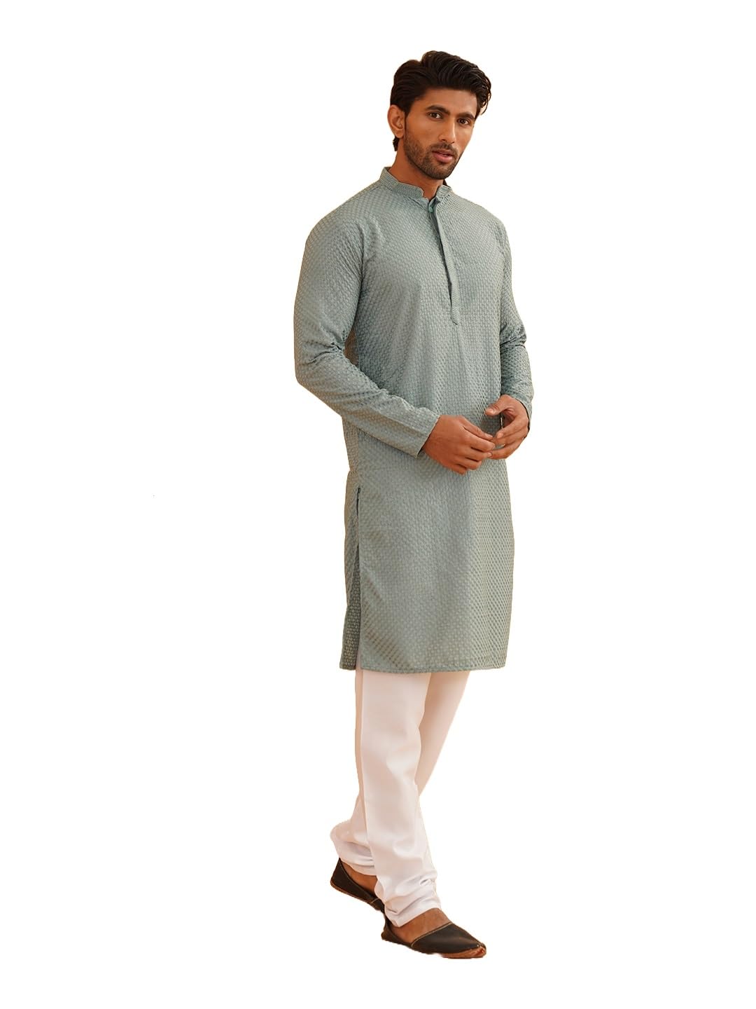 Sojanya (Since 1958 Men's Cotton Checked Embroidered Kurta & White Pyjama Set Size-40
