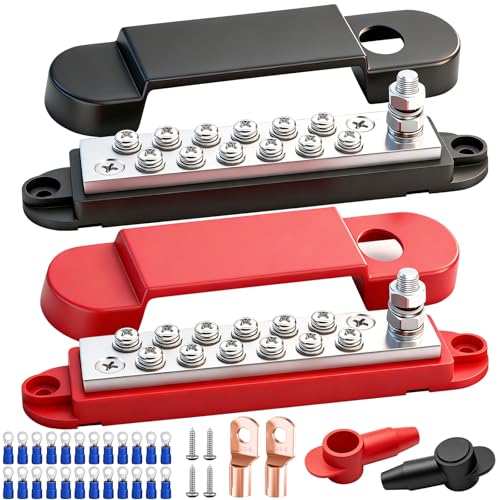 Aienxn Marine Bus Bar 12V 150A 1/4 Stud Power Distribution Block 12 Volt DC Battery Busbar Automotive Buss Bar 12v for Car Boat and Solar Wiring (Black+Red)