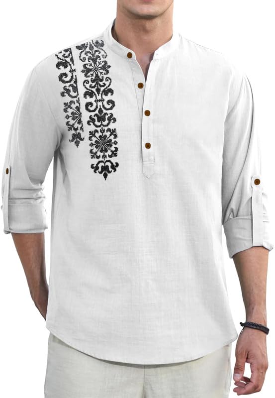 Image of Macsivo Cotton Blend Solid Casual Short Kurta for Men Long Sleeve Mandarin Collar Stylish Shirt Kurta for Men