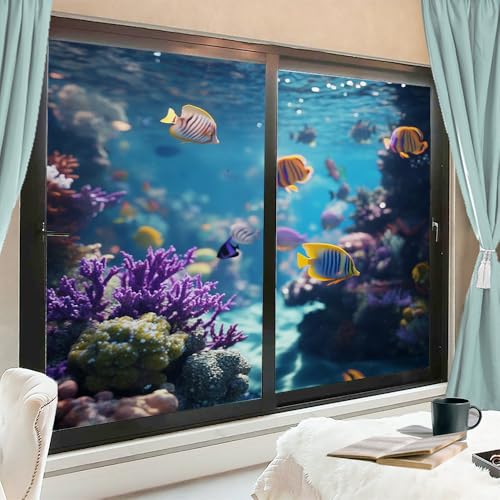 Fantasy Ocean Fish - Película de privacidad esmerilada para ventana, colorida, animales, natación, agua, coral, casa, ventana, sin pegamento, para decoración del hogar, 90 x 140 cm, 2 unidades