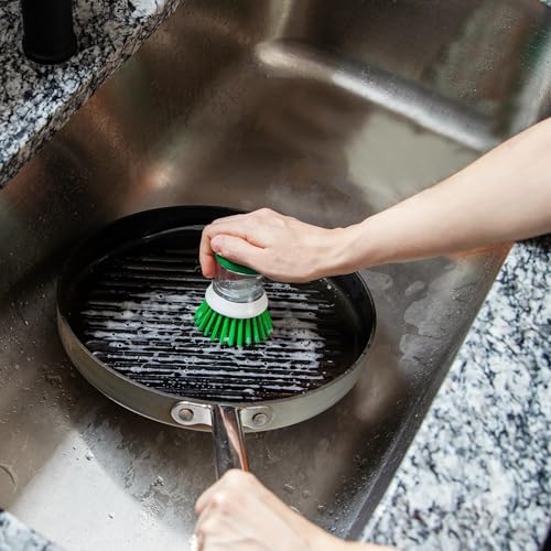 Image of Libman Palm Brush with Soap Dispenser - Dish Brush for Pots, Pans & Kitchen Sink Cleaning - Ergonomic Grip, Non-Leaking Button, Durable Angled Bristles - Recycled PET Fibers - 4 inch x 3.25 inch