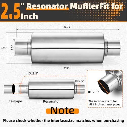 Image of A-KARCK 2 Pack 2.5 inch Inlet Exhaust Resonator, 2.5 inch Inlet 2.5 inch Outlet 13.8 inch Overall Length Muffler Resonator Stainless Steel,Polished