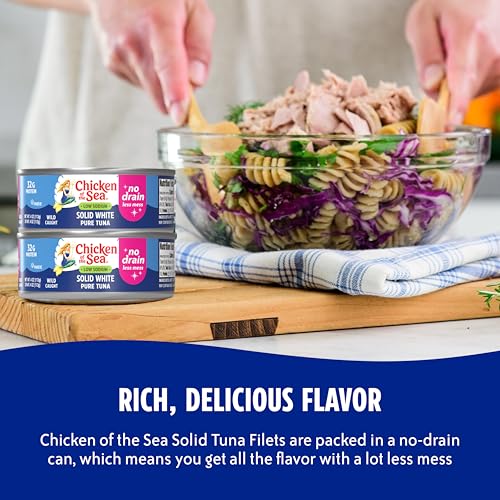Image of Chicken of the Sea Wild Caught Low Sodium Solid White Pure Albacore, No Drain, 4 oz Cans, 24-Count - High Protein 100% Classic Tuna in No Drain Can for Less Mess - Nutritious Ready to Eat Meals