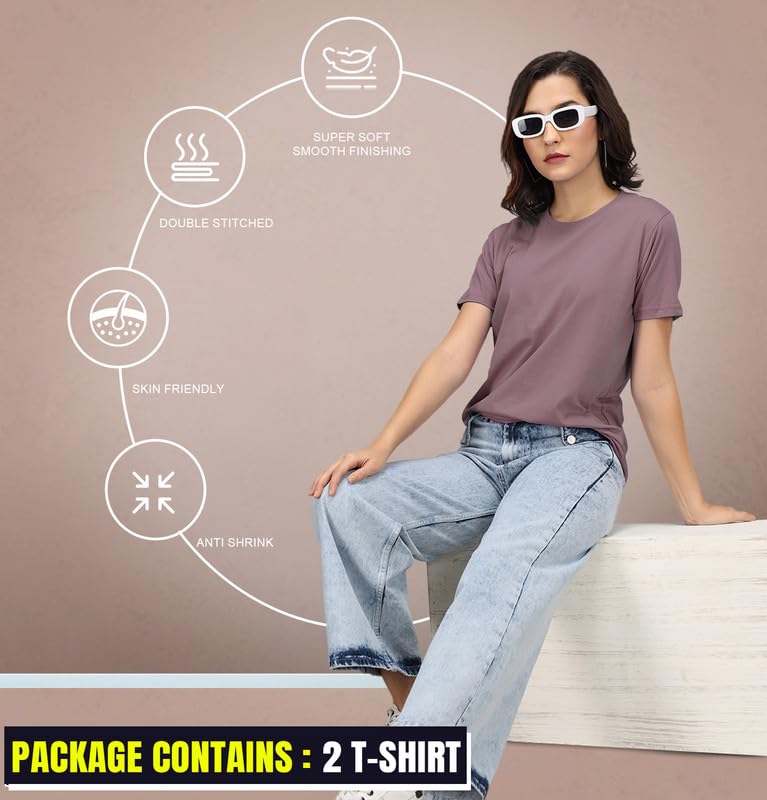 Image of Sleepynuts Women's S to 3XL Premium Half Sleeve Round Neck Plain Combed Cotton Tshirt Pack of 3 Loose Fit T-Shirts Combo